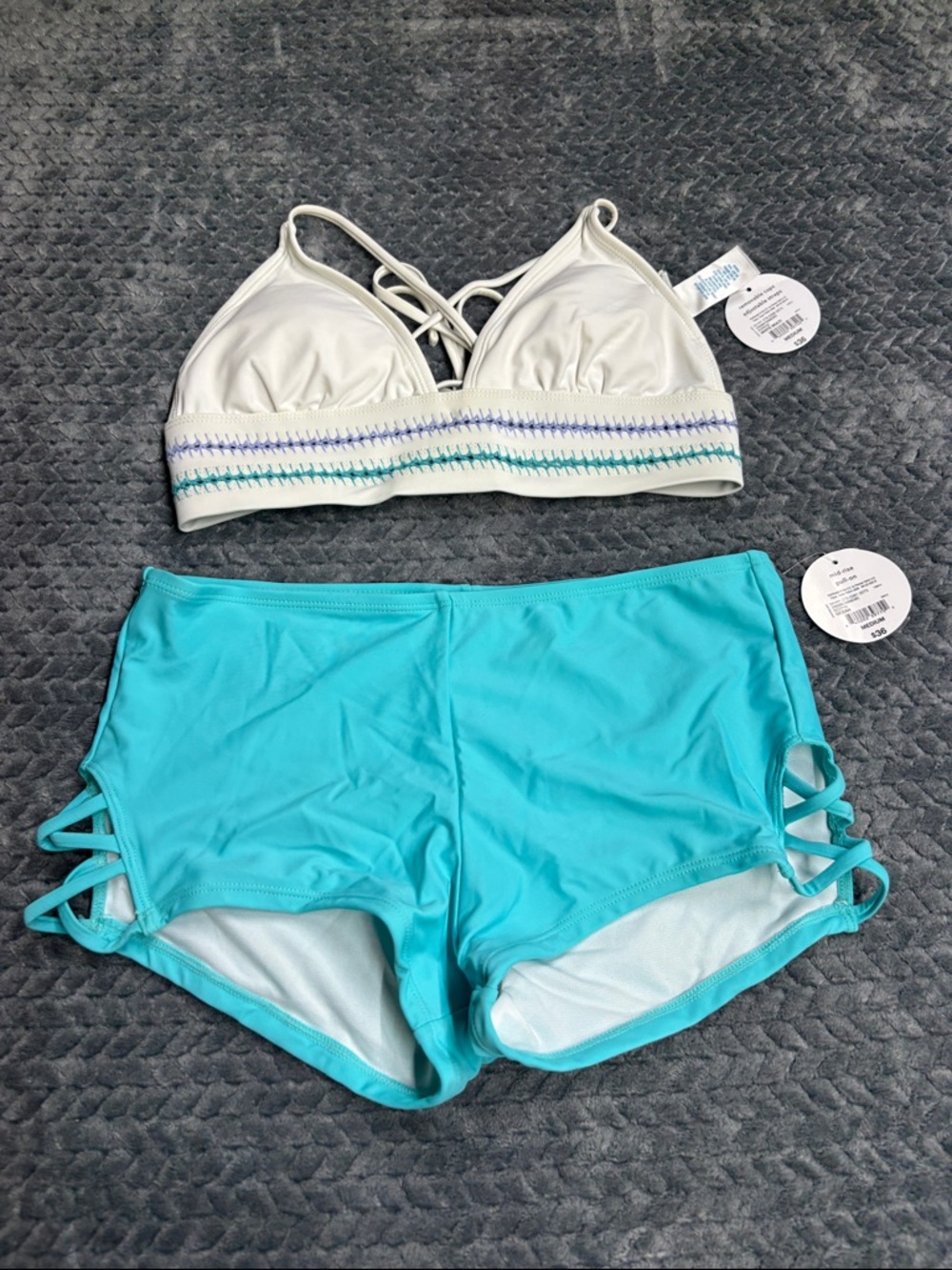Decree White Triangle Bikini Top with Turquoise Swim Shorts